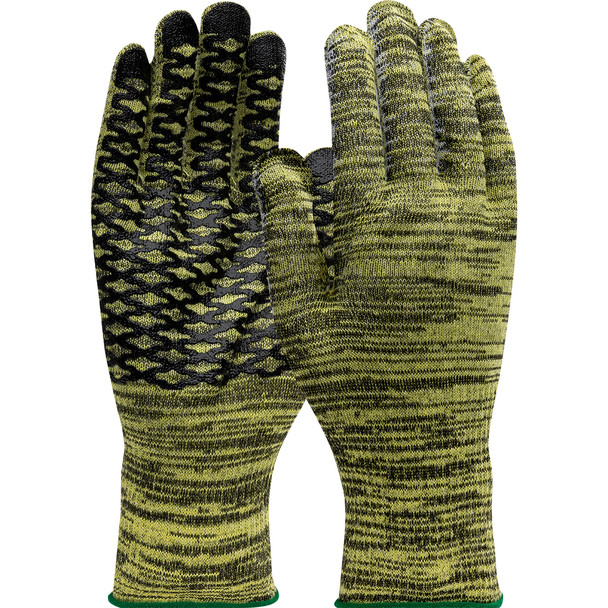 Kut Gard Seamless Knit ATA Aramid / Steel Blended Glove with Sta-COOL Plating and PVC Dot Grip - Light Weight, S, Green