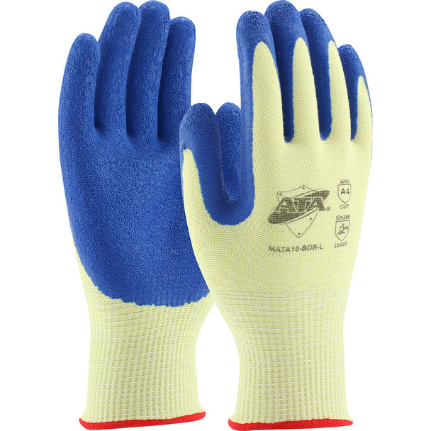 G-Tek PolyKor Seamless Knit PolyKor Blended Glove with Blue Latex Coated Crinkle Grip on Palm & Fingers, L, Yellow