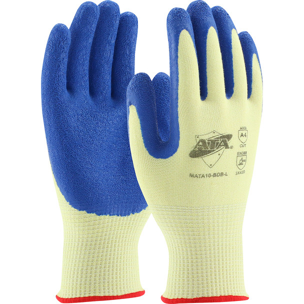 G-Tek PolyKor Seamless Knit PolyKor Blended Glove with Blue Latex Coated Crinkle Grip on Palm & Fingers, XL, Yellow
