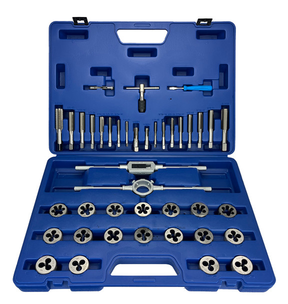 41 Piece NC NF HSS Round Tap and Die Set (1/4 - 3/4) with 1-1/2 OD Round Dies and Handles
