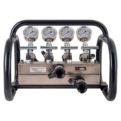 BVA MFC4-GDA, Manifold Block, 4 Flow Control Needle Valve, with 2.5" Dia. Pressure Gauges & Roll Cage, easy to carry to job site. Oil Port 3/8"-18NPTF Oil Ports, 10,000 psi (700 bar)