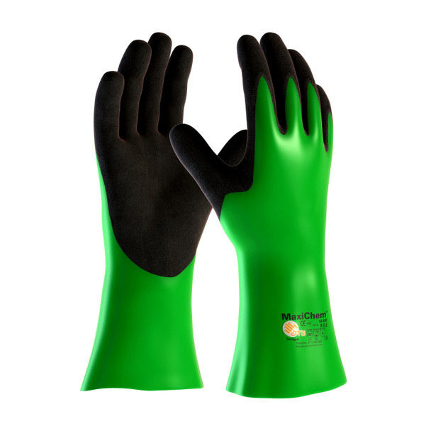 Green XL MaxiChem, Nylon/Lycra Liner, Grn/ Blk. Nitrile Blnd, Full Coat,14 In. Coated Supported Gloves 1 Dozen