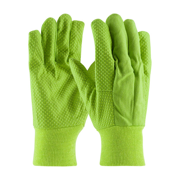 Hi-Vis Green MENS Canvas Glove, 10 oz Premium Grade, HV Lime PVC Dot Grip, HV Lime, Mens Fabric Gloves 1 Dozen