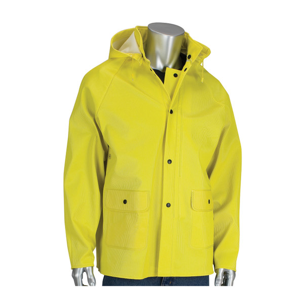 Yellow 4X Rain Jacket .65 Ribbed PVC/Poly, Removable Hood, Yellow PVC/Nonwoven