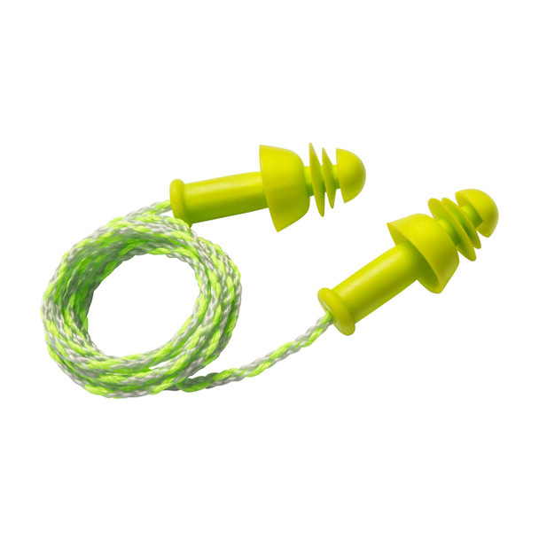 Lime OS Flange/Disc Combo, Corded, 25 NRR, Lime TPE w/ Textile Cord, 100/Box Multiple-Use Ear Plugs 1 Box