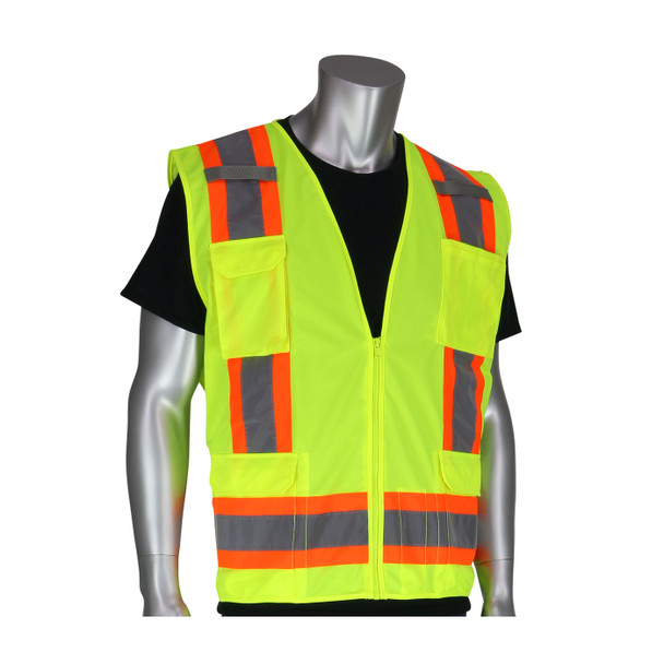 Hi-Vis Orange XL Class 2 Solid/Mesh Vest, Zipper, 8 Pockets, Mic Tab, Two Tone Tape, OR Hi-Visibility Vest