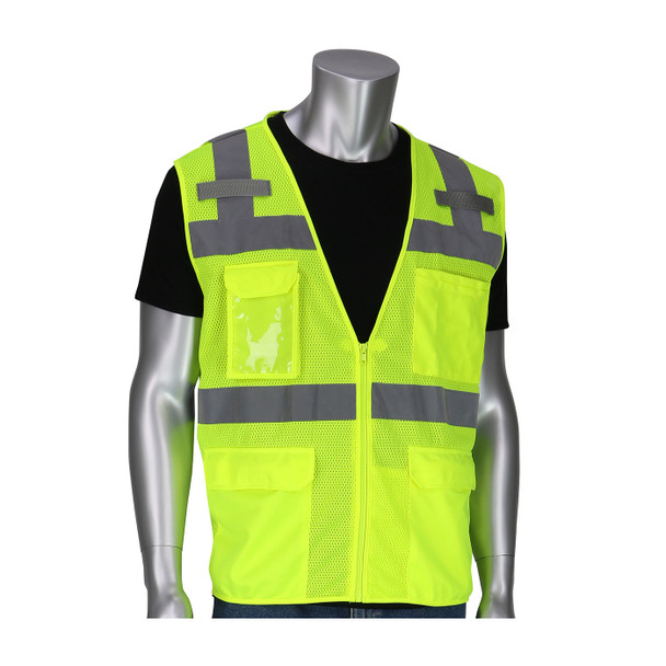Hi-Vis Yellow 3X Class 2 Mesh Value Surveyors Vest 5 Pockets, Mic Tabs, Zipper, OR Hi-Visibility Vest