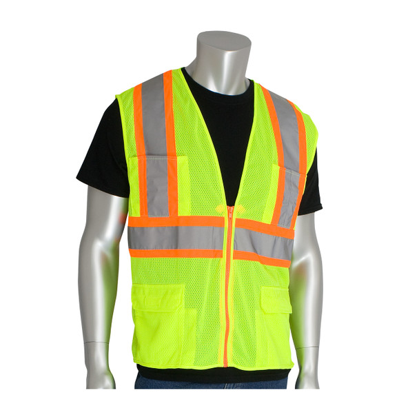 Hi-Vis Yellow 2XL Class 2 Mesh Vest, 12 Pockets, Zipper Closure, Two Tone Tape, LY Hi-Visibility Vest