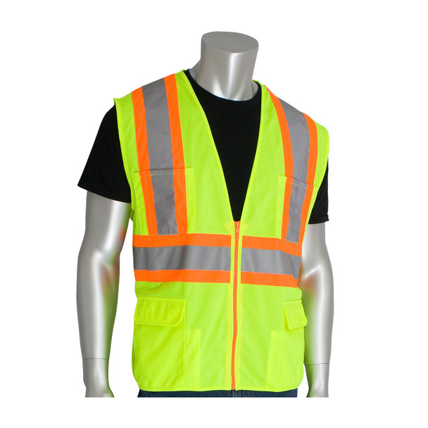 Hi-Vis Yellow 2XL Class 2 Solid Vest, 12 Pockets, Zipper Closure, Two Tone Tape, OR Hi-Visibility Vest