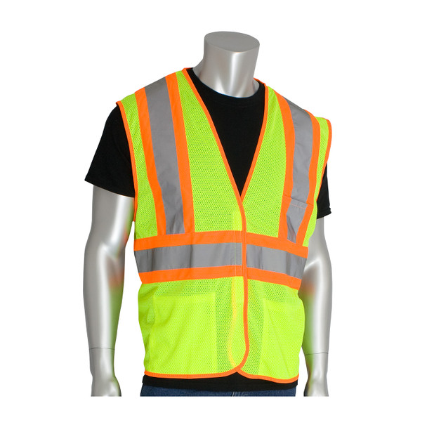 Hi-Vis Yellow 2XL Class 2 Mesh Vest, 3 Pockets, H&L Closure, Two Tone Tape, OR Hi-Visibility Vest
