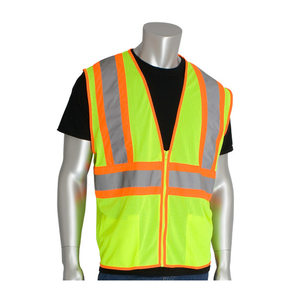 Hi-Vis Yellow 2XL Class 2 Mesh Vest, 2 Pockets, Zipper Closure Two Tone Tape, LY Hi-Visibility Vest