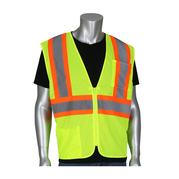 Hi-Vis Yellow 4X Type R Class 2 SE Treated Mesh Vest Zipper, 2 Pocket, Two Tone Tape,LY Hi-Visibility Vest