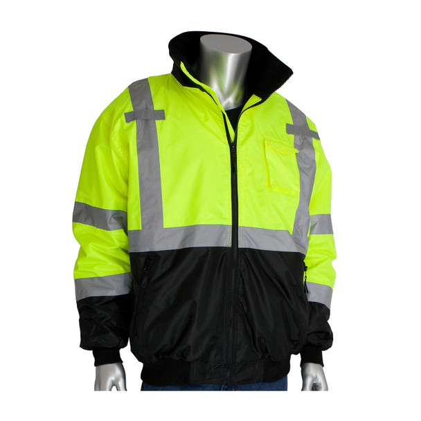 Hi-Vis Yellow M Class 3 Bomber Black Trim, Zip-out Fleece Liner, Zipper, 2in. Tape, OR Hi-Visibility Jacket
