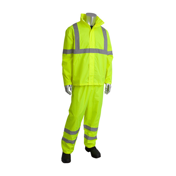 Hi-Vis Yellow 5X Class 3 Rainsuit, 2 piece, PU Ctd, Zipper, Hood, Pant, 2in. Tape, OR Hi-Visibility Polyester/PU