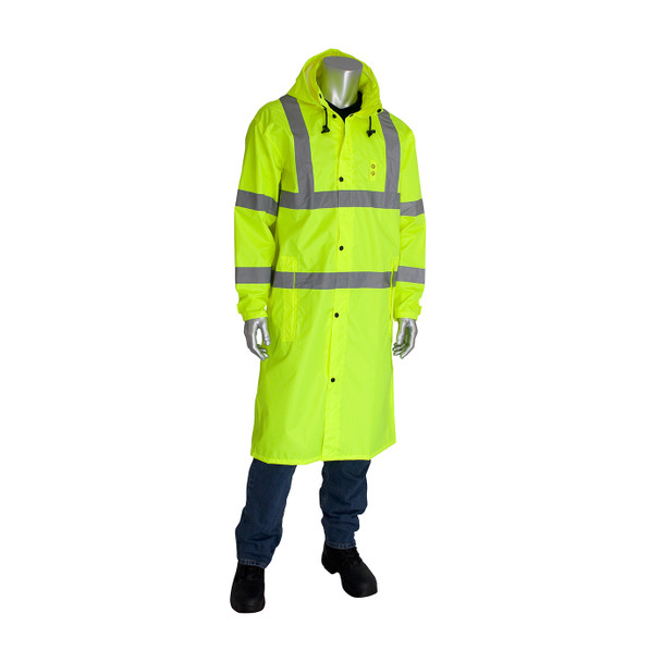 Hi-Vis Yellow 5X Class 3 Rain Coat 48in., PU Ctd, Zipper, Hood, 2in. Tape, LY Hi-Visibility Polyester/PU