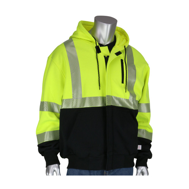 Hi-Vis Yellow 3X Arc Rated Hi-Vis ANSI 107 Black Bottom Sweatshirt, Hooded with zip Flame Resistant Shirt