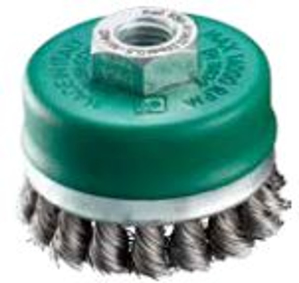 4" Twisted Knot Wire Cup Brush, .020 Stainless Steel, 5/8-11 + M14 Multi-threaded Nut, 24 Knots