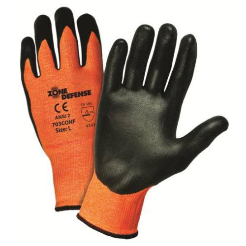 10 gauge. Orange HPPE/High Performance Yarn/Nylon/Lycra Shell with Black Nitrile Palm Coat: EN388 4343, ANSI A2 Cut Level