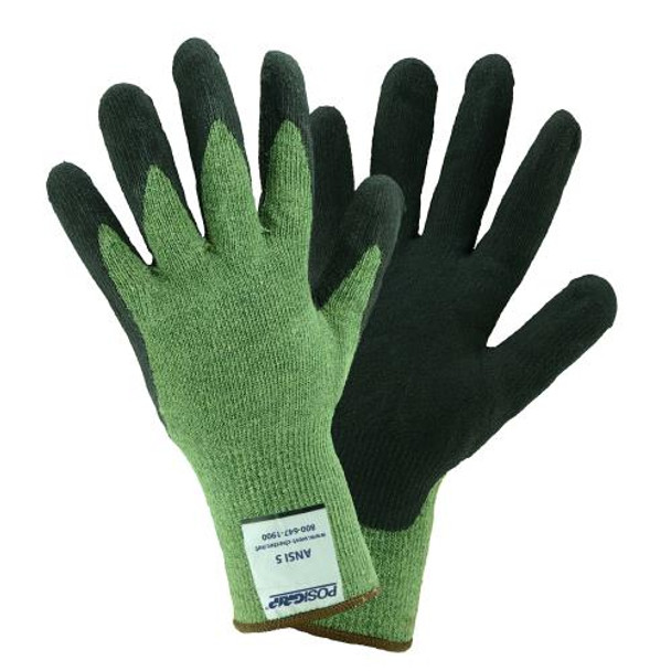 13 gauge green Kevlar/Steel Shell w/black  micro foam nitride coating. Antibacterial/DMF Free. EN388 4542, EN407: 1994 Contact Heat Rating 2, ANSI A6 Cut Level