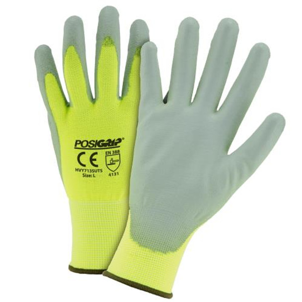 "Touch Screen" Gray PU palm coating, 13 gauge Hi vis yellow nylon shell touch screen tips