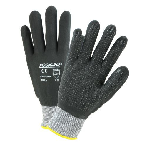 Black Micro Foam Nitrile, Fully Coated, Dotted Palm on Gray 15 Gauge Nylon Liner. Antibacterial & Silicone-Free. EN 4141