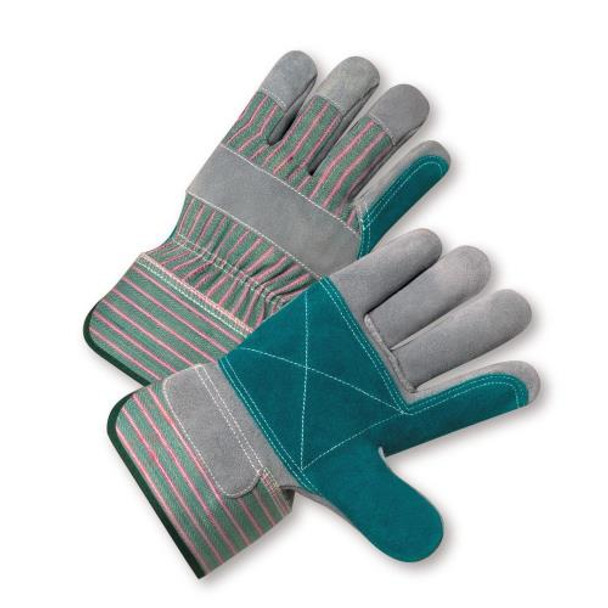 Double Palm Select Shoulder Leather Rubberized Safety Cuff Glove - Green/Pink Fabric: Ladies