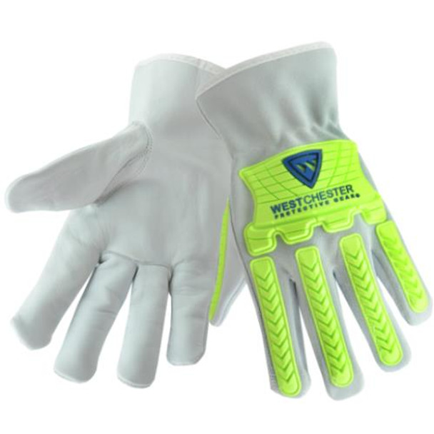 Cow leather driver with spilt cow back of hand, and hi-vis green 7mm TPR and Keystone thumb, 100% cotton lining