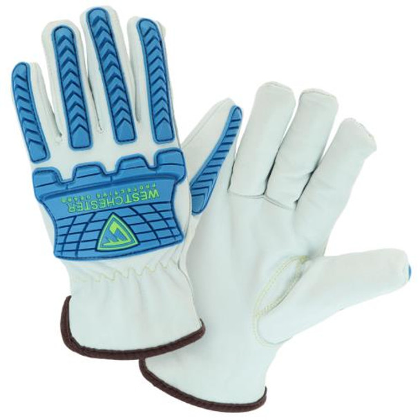 Standard grade sheep leather keystone thumb driver, with ANSI A4 cut and sew lining with  blue TPR's back of hand protection