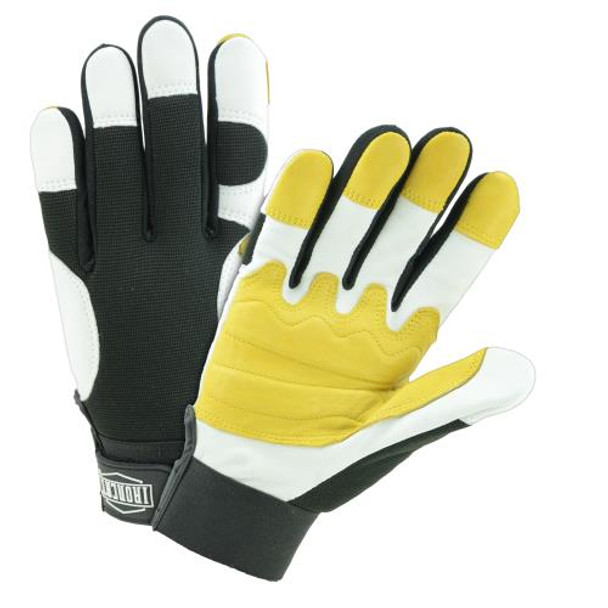 Iron Cat ® - Heavy Duty Top Grain Goatskin glove, w/gold & pearl reinforcement on the palm and thumb saddle, added padding on the palm for increased wear and comfort. Must order bundles of 3 pair, same size