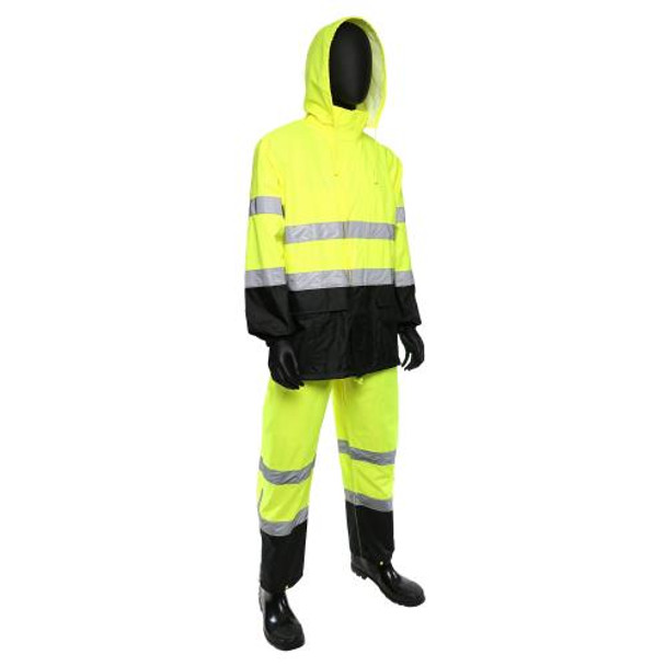 Fluorescent Lime Green w/  Black Colorblocking -  Poly Oxford/PU Coated 3pcs Rain Suit, 2" Reflective Silver Tape, Zip Up Front w/ Button Storm Flaps, Hidden Zipper Pocket, Sewn & Taped Seams, ANSI/ISEA 107-2015 Class 3