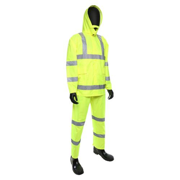 Fluorescent Lime Green/w Reflective stripes -  Poly Oxford/PU coated  3pcs Rain suit, Class 3