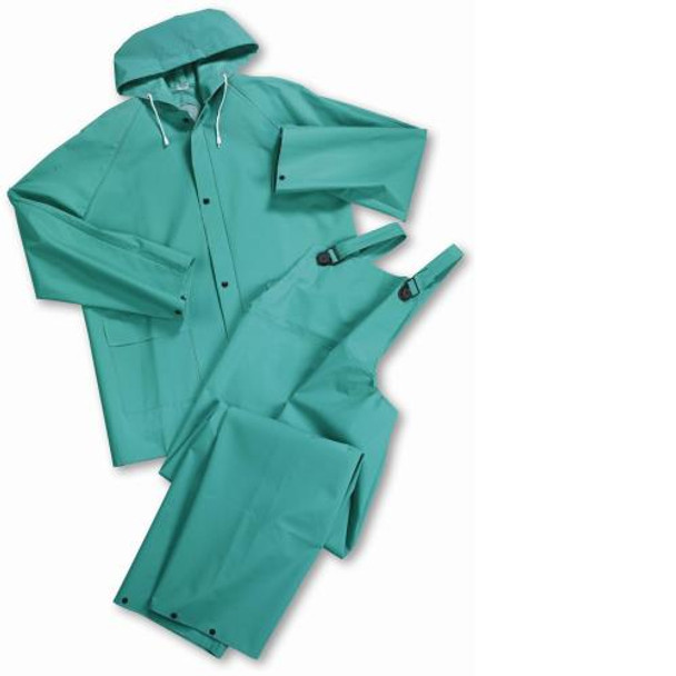 Heavy Duty Green 40ml PVC/Polyester/PVC Rain suit, Limited Flammability, Ventilated back, attached hood, storm fly front w/ankle and wrist snap closures. Offers resistance to a broad range of chemicals.