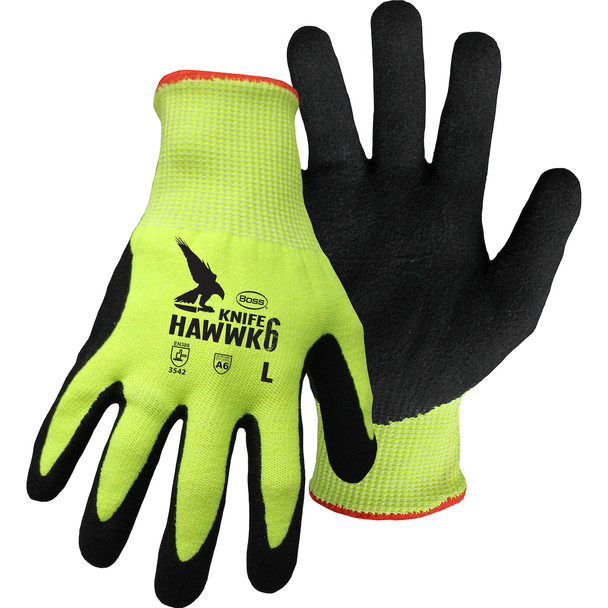 Boss Knife Hawwk, HV Yellow HPPE Blend, Foam Padded Palm, Sandy Nitrile Grip, A6 - Size M, Hi-Vis Green 1 Pair - Gloves with PolyKor Fiber