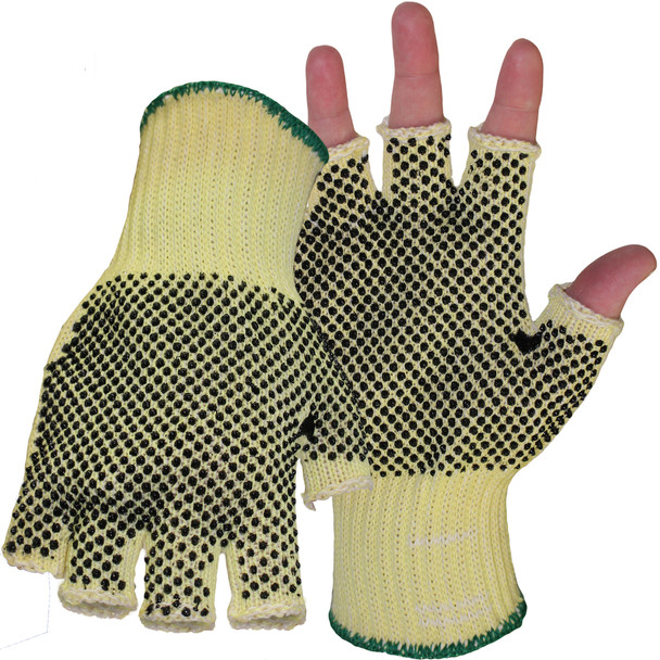 String Knit Kevlar Blend w Double Sided PVC Dot, Half Fingers - Size L, Yellow 1 Pair - Gloves made with Kevlar Brand Fiber