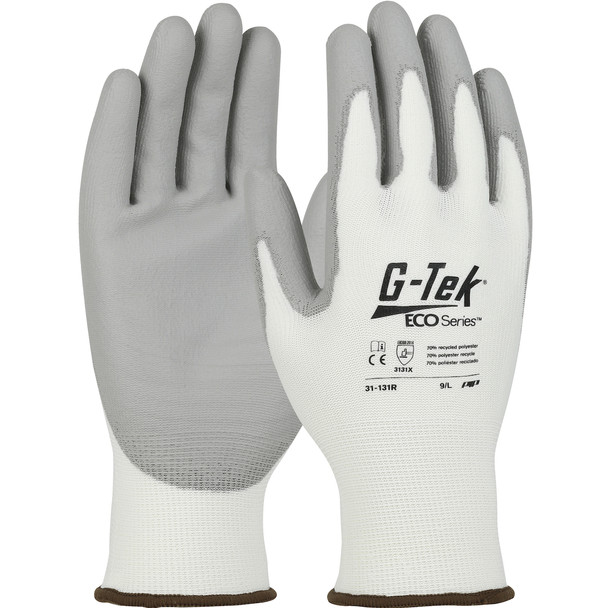 G-Tek Eco, 13G White Recycled Yarn Shell,Gray Pu Grip,Global Recycled Standard - Size L, White, SeamlessGlove Coated, 1 Dozen