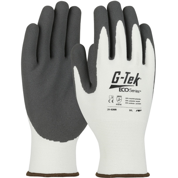 G-Tek Eco, 13G White Recycled Shell,Gray Nitrile Microsurface, Global Recycled - Size M, White, SeamlessGlove Coated, 1 Dozen