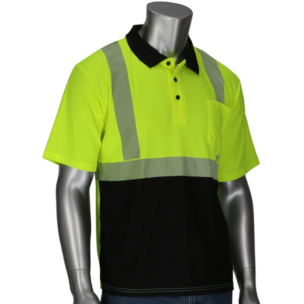 R2 Hi Vis Black Bottom Polo W/Performance Wicking Fabric, Segmented Tape - Size L, Hi-Vis Yellow, Hi-Vis Apparel, 1 Unit