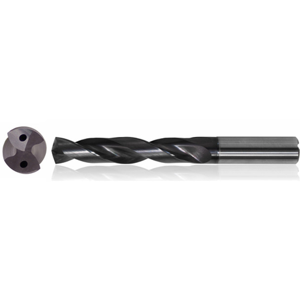 1/2" Dia. × 14 mm Shank × 60 mm Flute Length × 107 mm OAL, 3xD, TiAlCN, 2 Flute, Coolant Thru, h6, Cylindrical, Solid Carbide Drill Series/List #NG12
