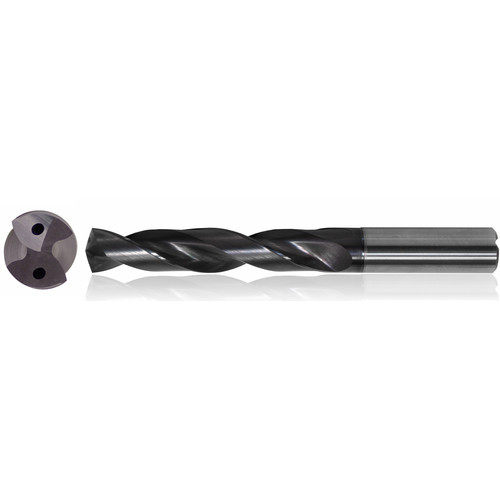 7/16" Dia. × 12 mm Shank × 71 mm Flute Length × 118 mm OAL, 5xD, TiAlN, 2 Flute, Coolant Thru, h6, Cylindrical, Solid Carbide Drill Series/List #5612