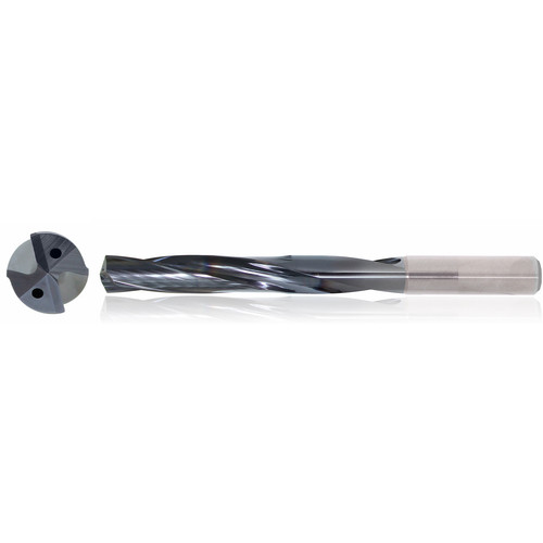 3/4" Dia. × 20 mm Shank × 101 mm Flute Length × 153 mm OAL, 5xD, TiAlN, 2 Flute, Coolant Thru, h6, Cylindrical, Solid Carbide Drill Series/List #5614