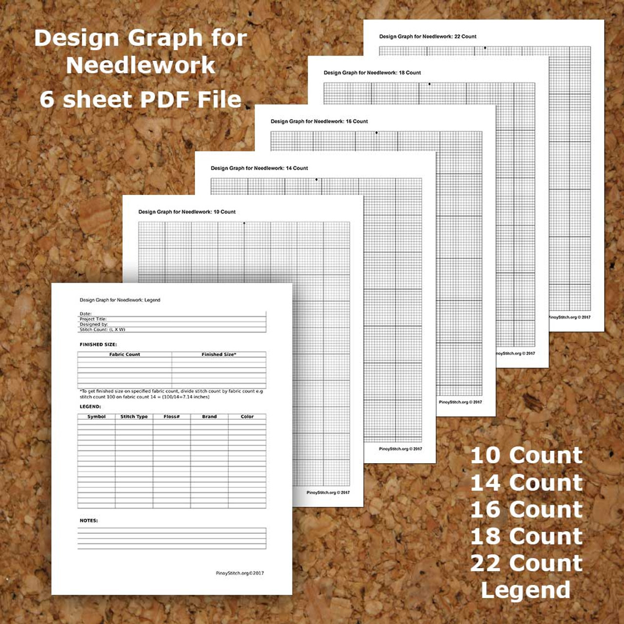 Cross Stitch Graph Paper Needlework Grid template PDF Instant Download 10 to 22 Count Fabric Template Grid
