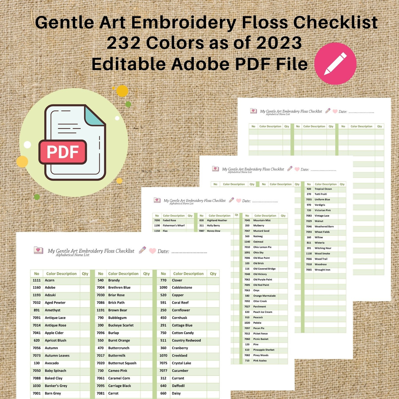 Editable Gentle Art Embroidery Floss Checklist Colors 2023 Printable Expandable Form PDF Instant Download