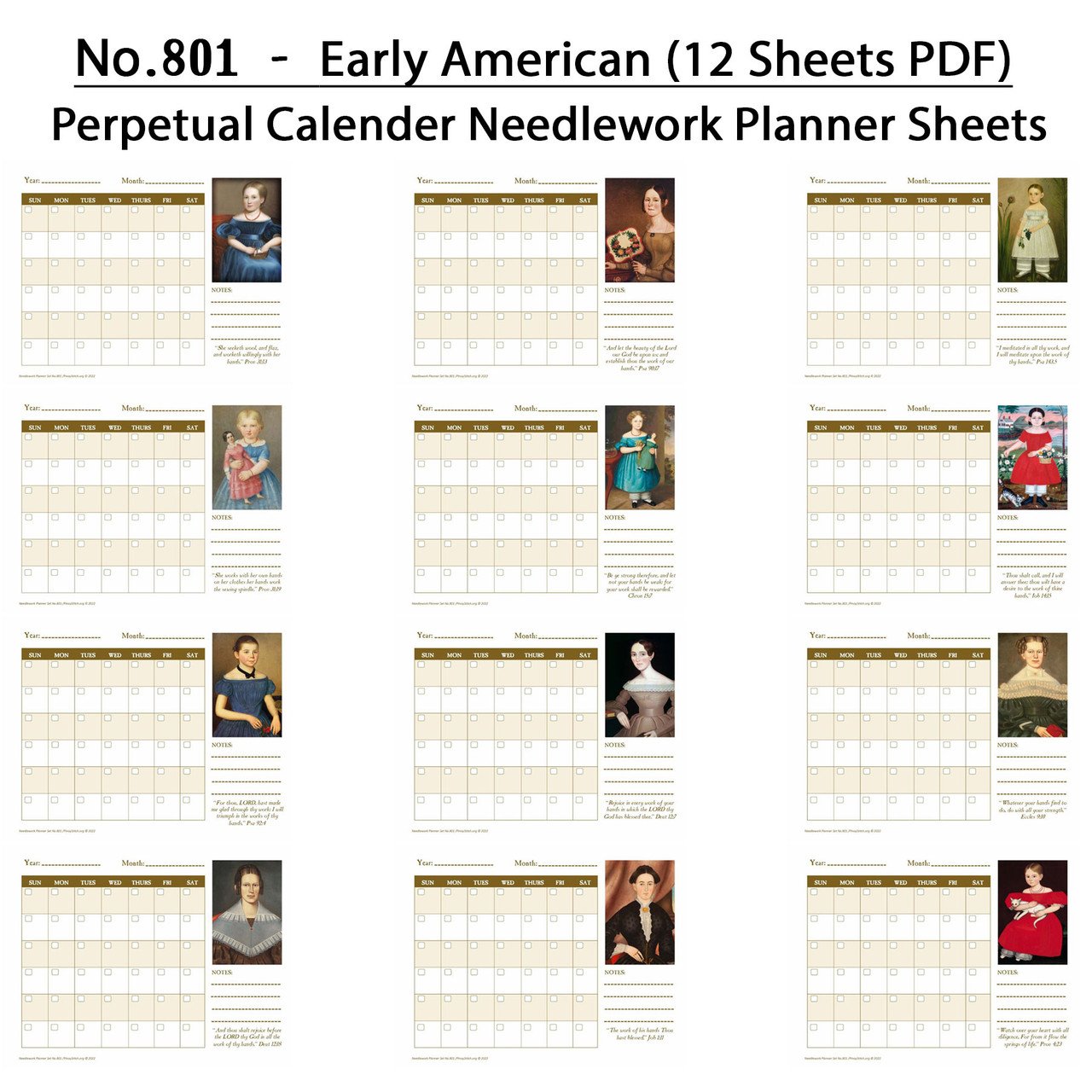 801 Early American - Needlework Perpetual Calendar Planner Sheets (12 Sheets PDF Format)