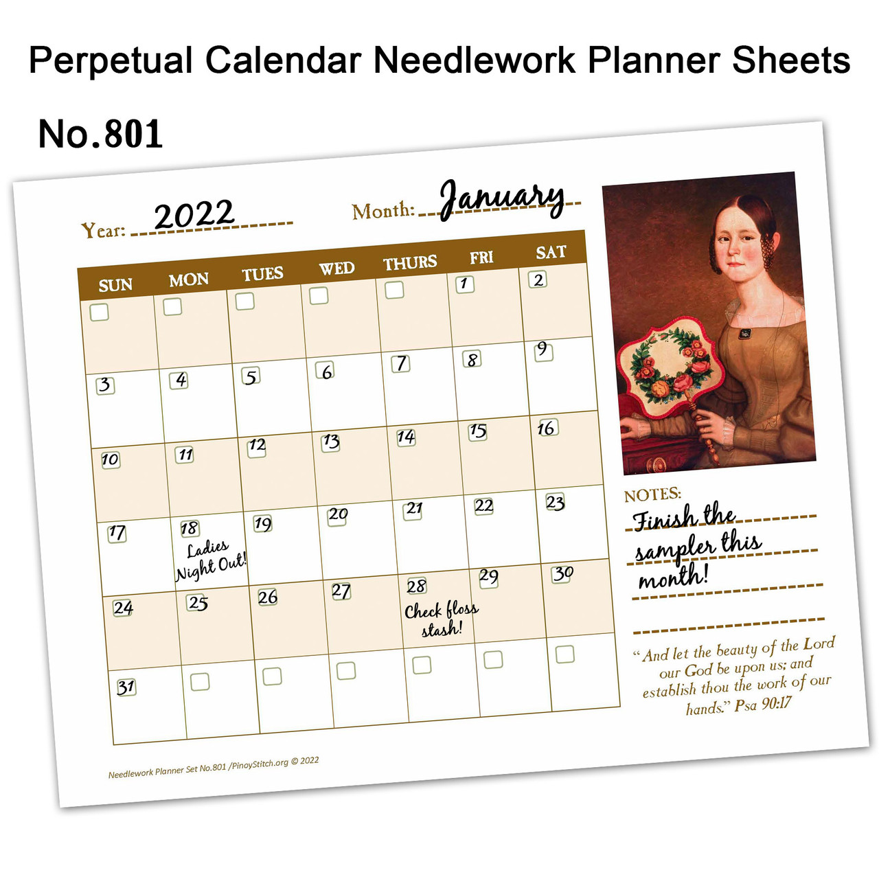 801 Early American - Needlework Perpetual Calendar Planner Sheets