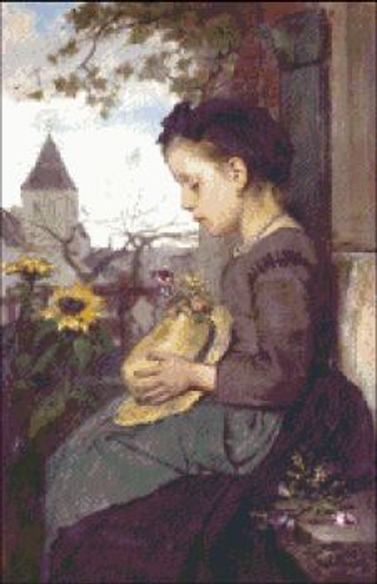 A Girl Seated Outside a House with Sunflowers