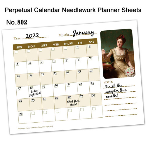 802 Ladies Stitching - Needlework Perpetual Calendar Planner Sheets (12 Sheets PDF Format)