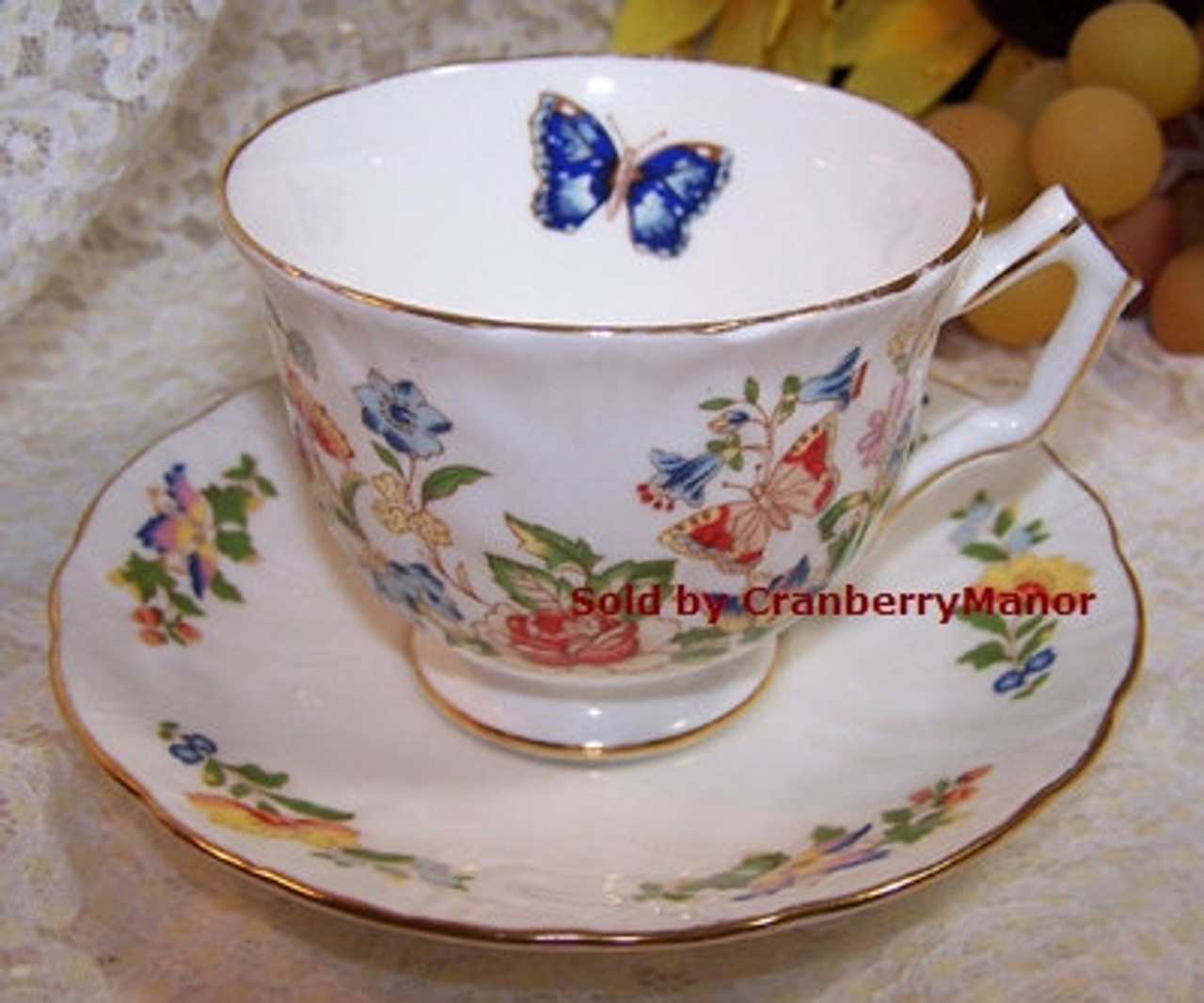 Aynsley Cottage Garden Butterfly Tea Cup Saucer Vintage Designer Porcelain