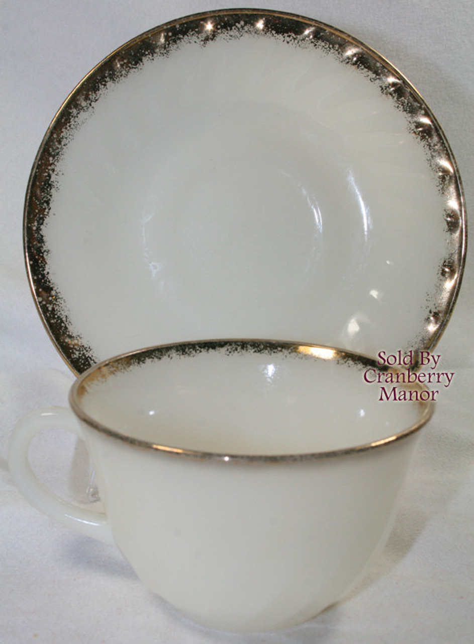 Fire King Anchor Hocking Tea Cup Saucer Ivory Swirl Golden Anniversary  Vintage Designer Milk Glass