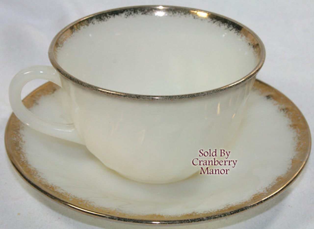 Fire King Anchor Hocking Tea Cup Saucer Ivory Swirl Golden Anniversary  Vintage Designer Milk Glass