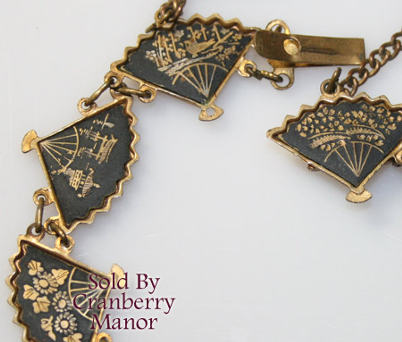 Japanese Komai Damascene Fan Bracelet Mid Century Jewelry